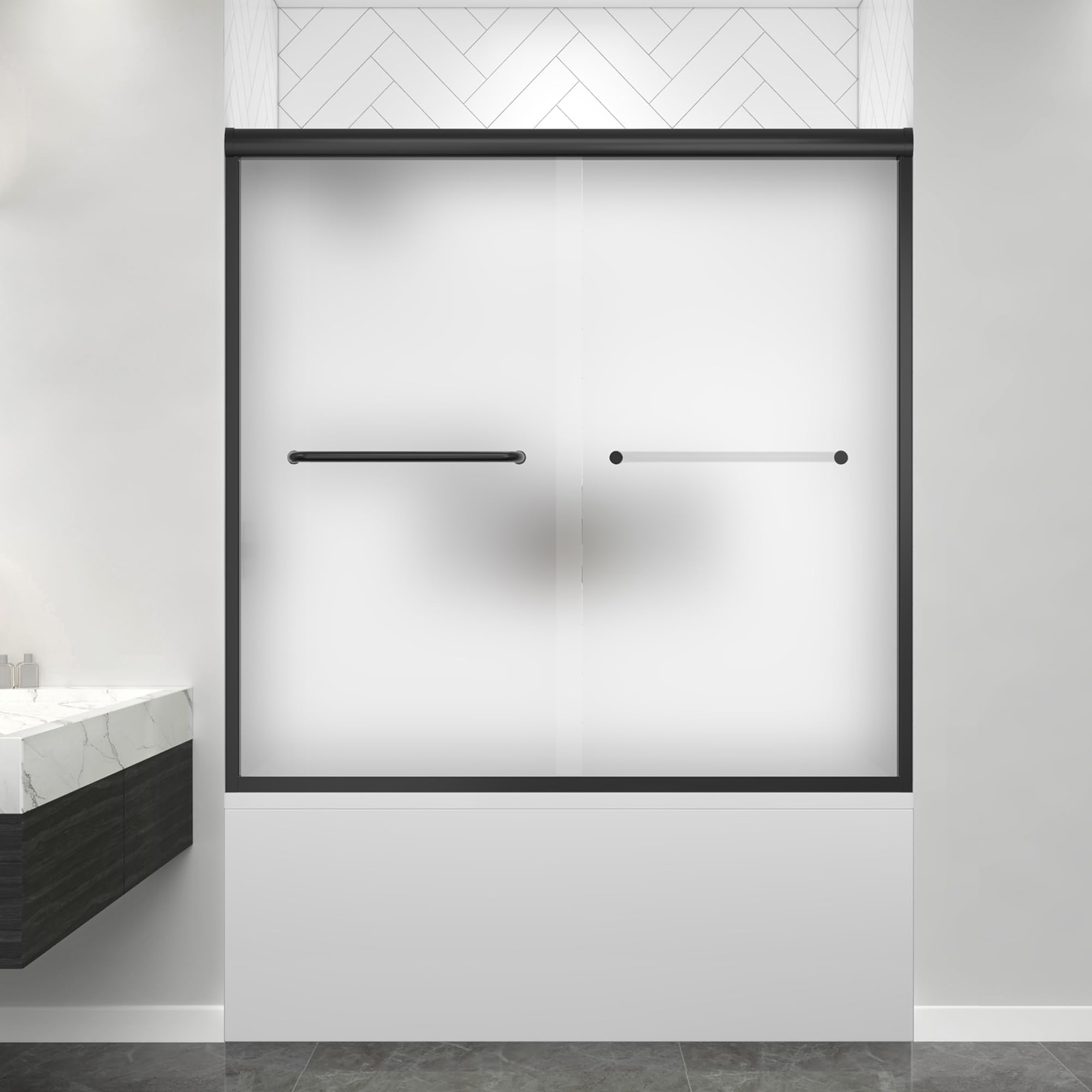 Frosted Tub Double Sliding Shower Door 55-55-60" W x 57" H, Matte Black, Bypass Bathtub Door, Framed, 1/4" (6mm) Tempered Glass