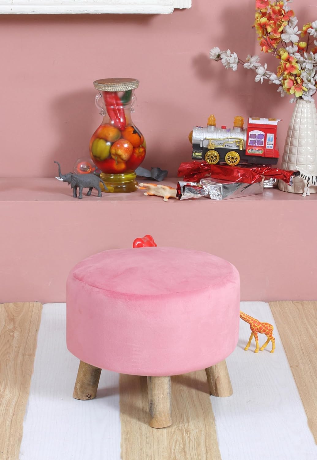 ottoman kids pouffe small stool for baby chair study table stool for kids room baby sofa stepstool children cartoon wooden stools, 14x11 inch, baby pink