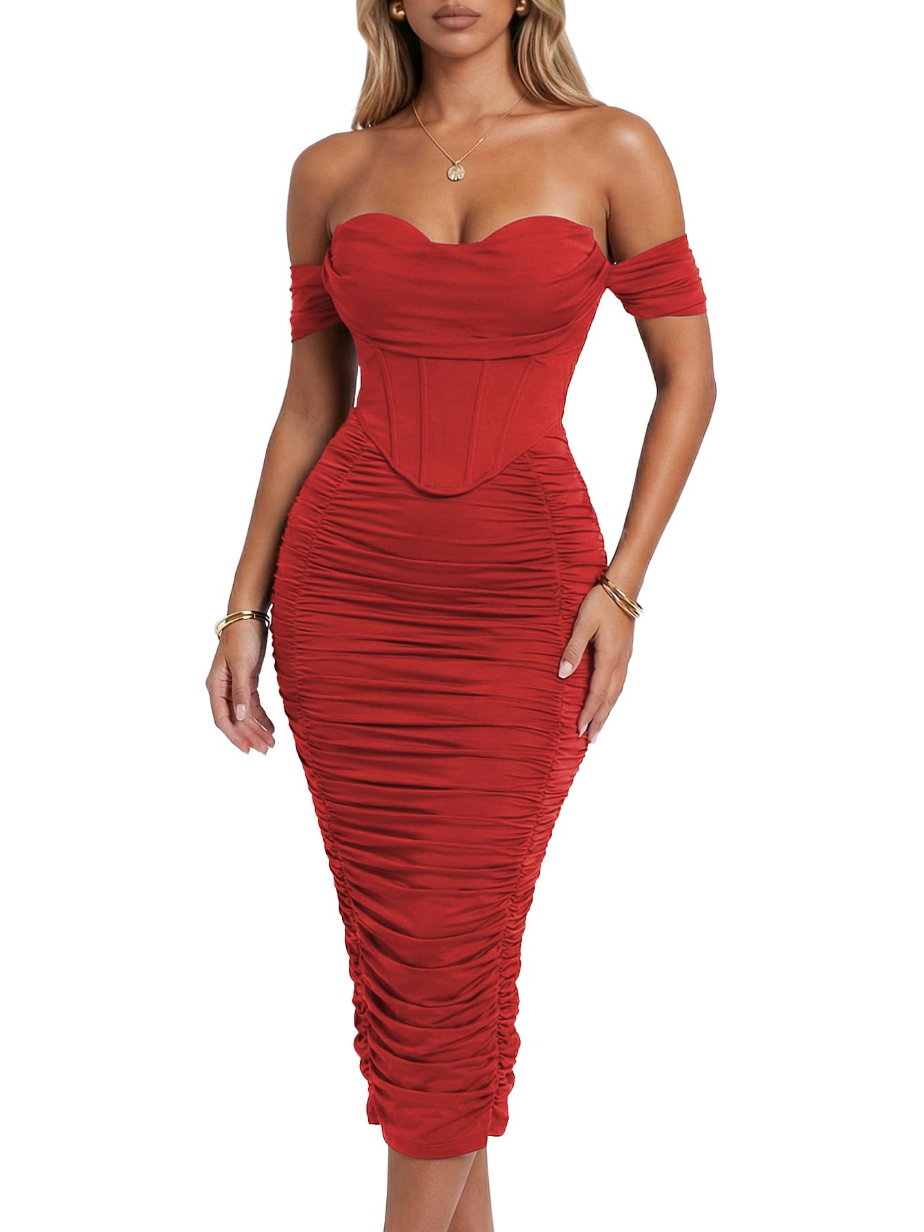 Photo 1 of CurvySweet Scarlett Women's Off the Shoulder Faux-Corset Ruched Midi Dress M