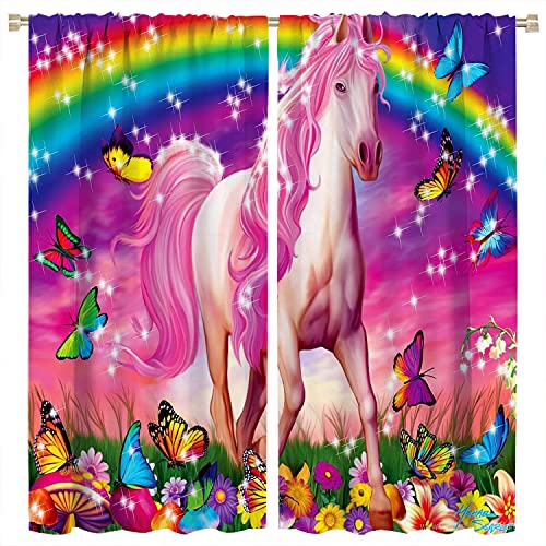 Review Unicorn Window Curtain Fabric Rod Pocket Rainbow Flower Unicorn Kids Decor Blackout Curtains Room Darkening Wide for Child Living Room 84X84 Inch