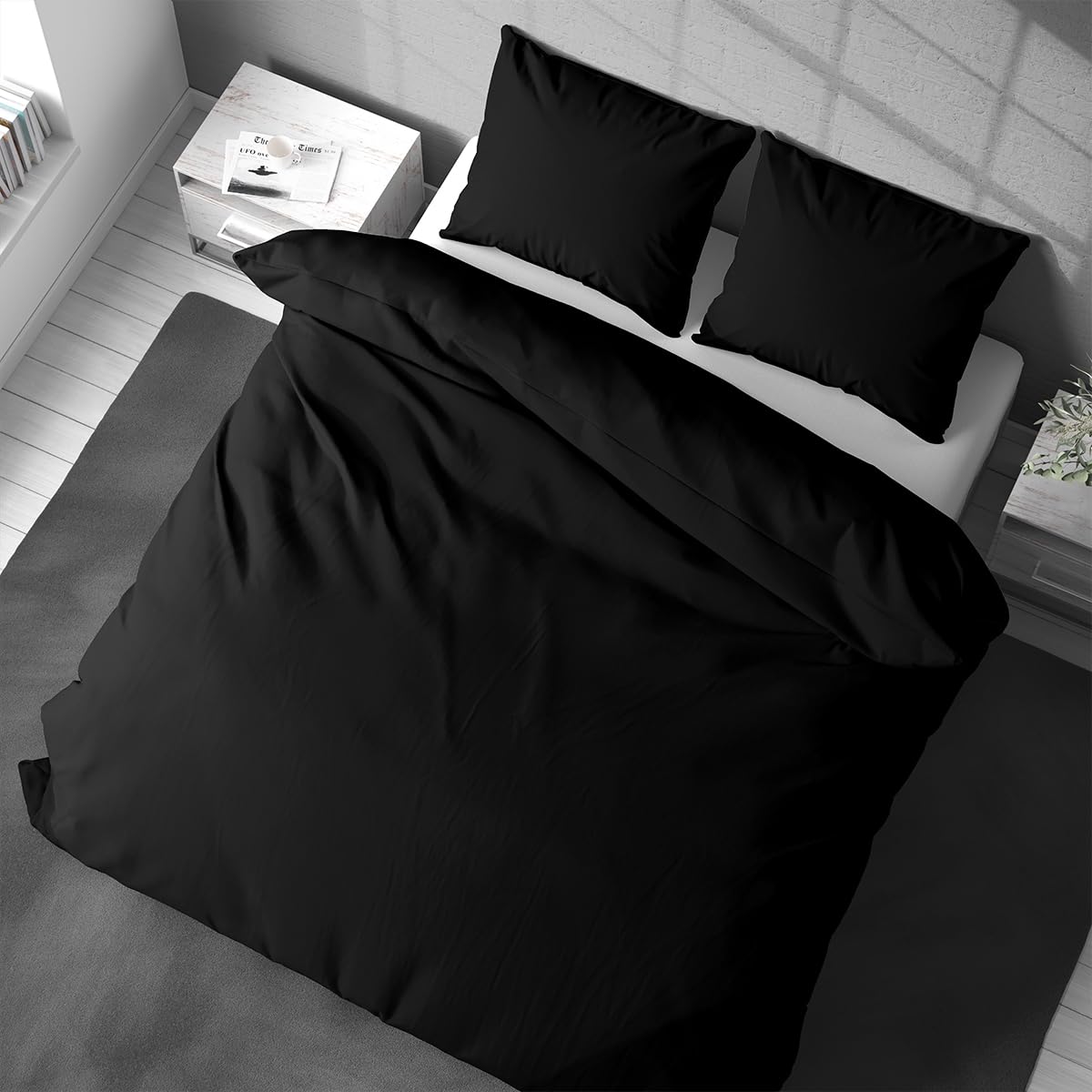 Bettwäsche 155x200 cm 4 teilige Bettbezug Garnitur Set Baumwolle Uni Einfarbig Schwarz