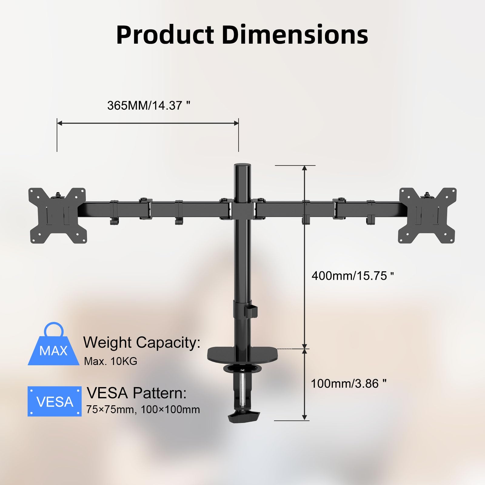 Pholiten Supporto Doppio Monitor per Schermo LED LCD da 13 a 27 Pollici,Rotazione a 360°,Dimensioni VESA 75/100, capacità di Peso Fino a 10 kg(Nero)