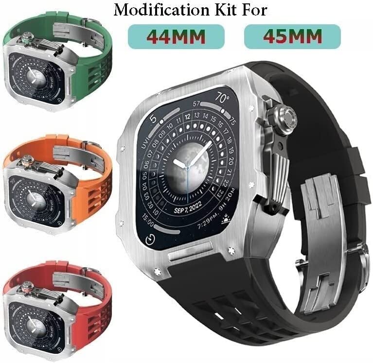 SCHIK Wytrzymała osłona ze stali nierdzewnej, gumowy pasek zastępczy, do zegarka Apple Watch 8, 7, 45 mm, 6, 5, 4, 44 mm, zestaw męski, metalowa ramka, pasek fluorowy, z zapięciem, akcesoria do