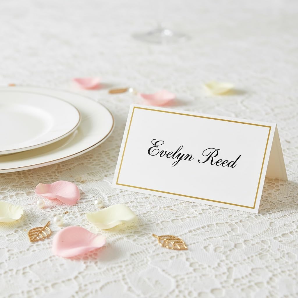 100 Pcs Place Cards, 2 x 3.3 Inch Tent Cards With Gold Foil Border, Small Table Name Card, Premium Seating Card for Wedding, Table, Dinner, Parties (100, Gold)
