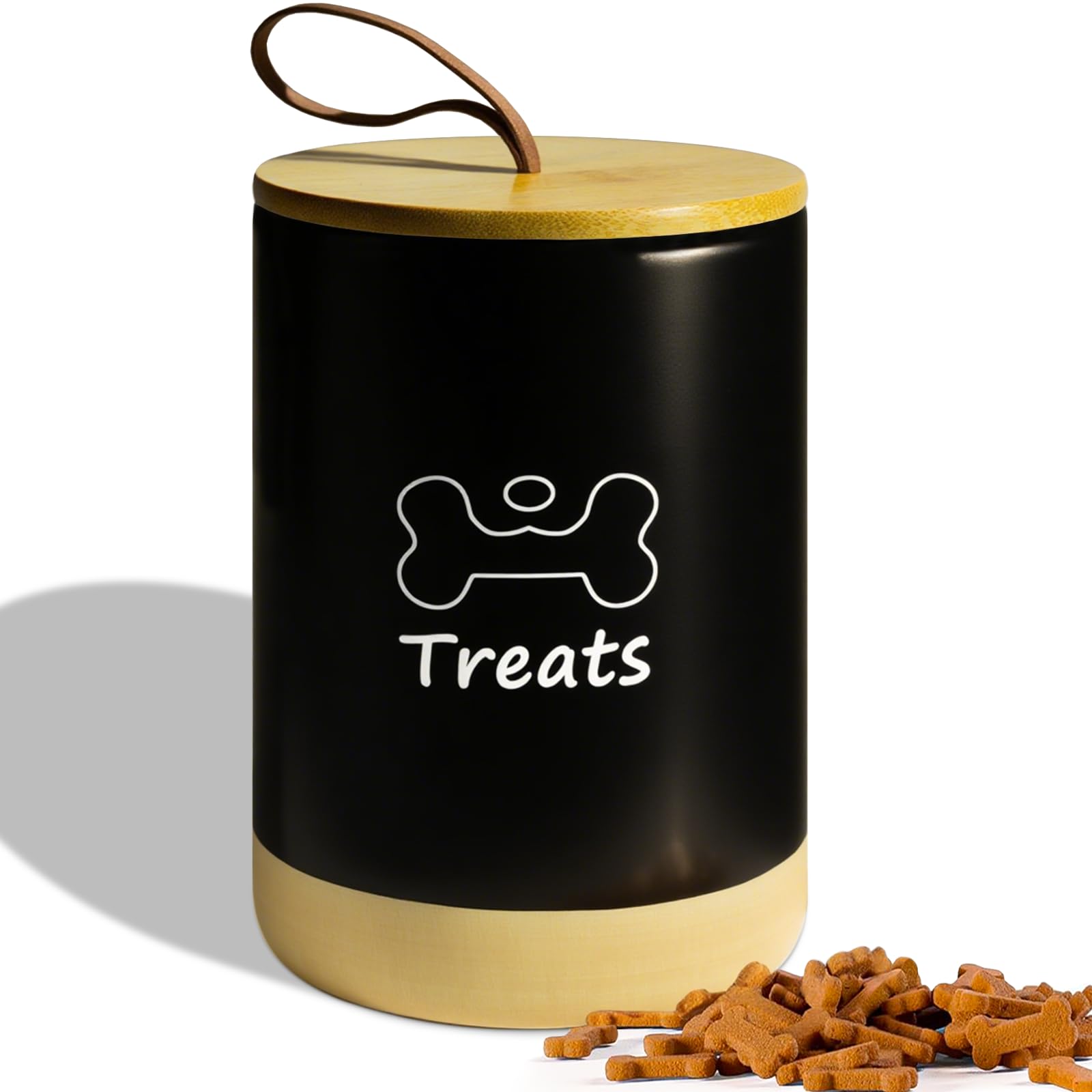 NIXBYO Dog Treat Container Airtight - 7.7 x 5 Inch Ceramic Dog Treat Jar for Kitchen Counter, Black Dog Cookie Jar with Lid
