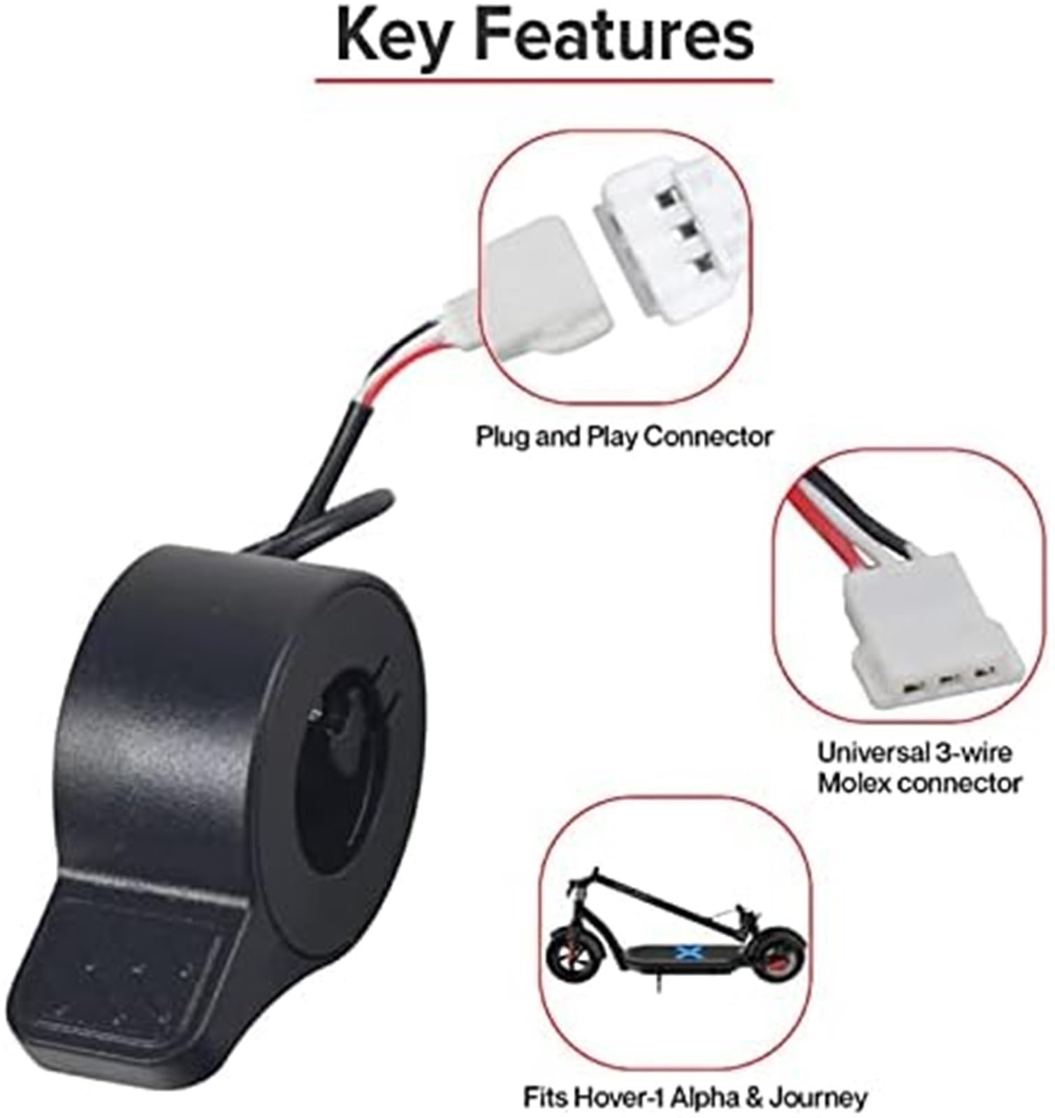 Acceleratore a pollice a 3 fili -, for monopattino elettrico Alpha e Journey, acceleratore di ricambio, for monopattini elettrici, controllo della velocità con le dita, connettore Molex femmin
