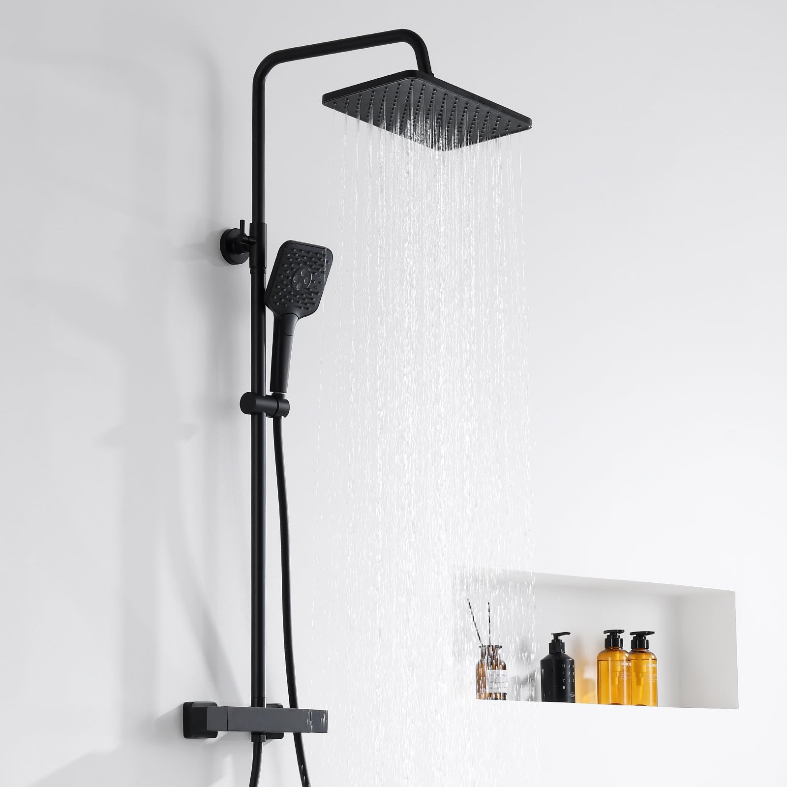 Auralum Thermostat Duscharmatur Komplettset Edelstahl Duschsystem mit Thermostat Armatur, 30x19 CM Regendusche, 3 Strahlarten Duschkopf und Höhenverstellbarer Duschstange,Badezimmer Duschgarnitur