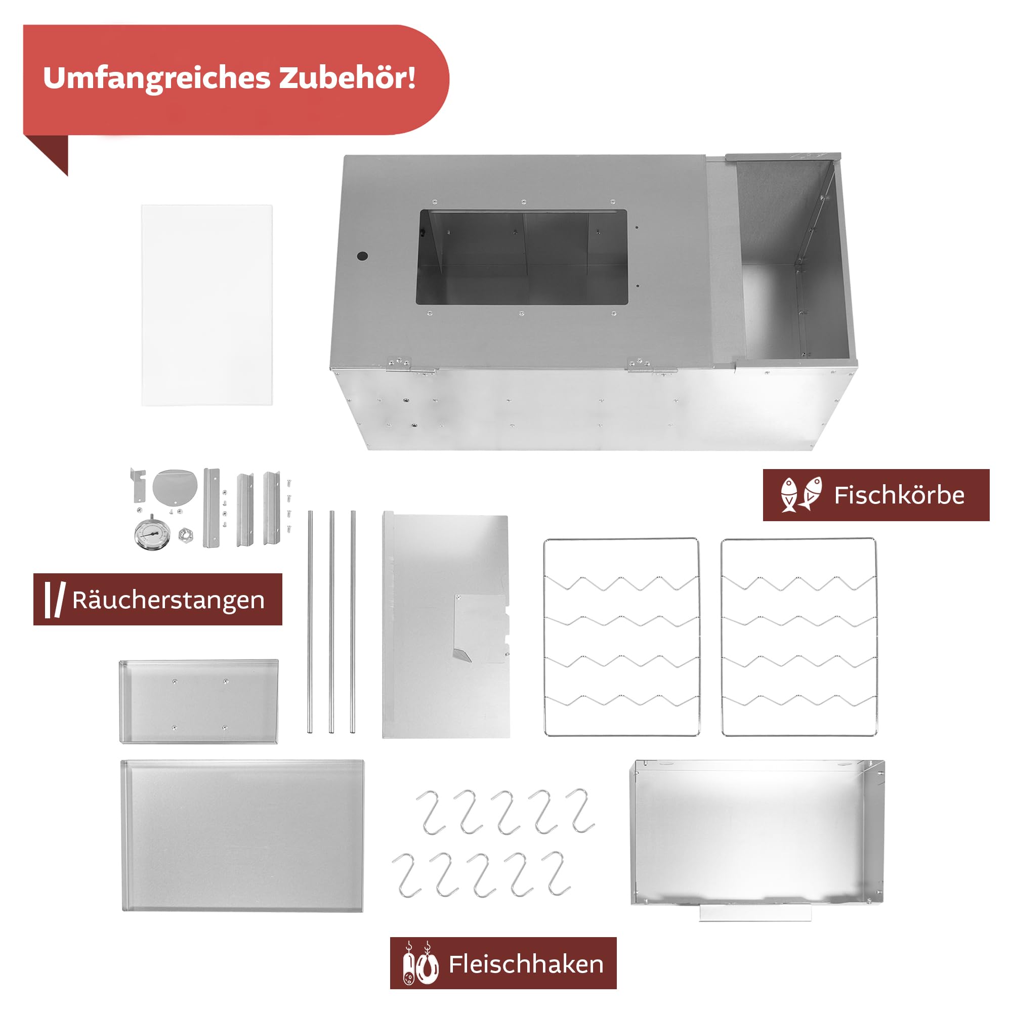 LEMODO Rookoven 80x39,5x27,5 cm met uitgebreide accessoires, rookkast en verwarmingselement, koude rookoven met grote rookkamer, tafelrookoven met thermometer (met verwarmingsspiraal