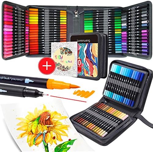 100 Colors Dual Tip Brush Pens Fineliners Art Markers, Watercolor Marker And Highlighters With Canvas Bag For Adult Coloring Books Drawing Sketching Bullet Journal Calligraphy
