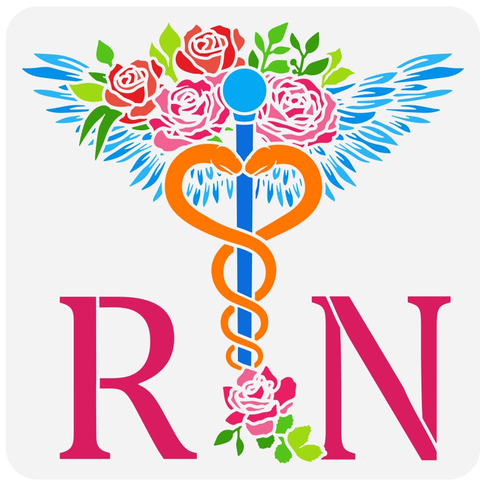 FINGERINSPIREFINGERINSPIRE RN Nurse Painting Stencil 11.8x11.8 inch Reusable Caduceus Stencil Staff of Hermes Medical Symbol Rose Wings Drawing Template for Painting on Wood Wall Fabric Paper Furniture