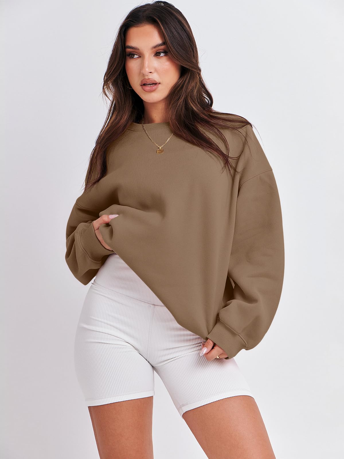 Damskie bluzy oversize bluzy z kapturem polar okrągły dekolt sweter top codzienne jesienne stroje preppy ubrania nastolatki 2024 A1019 światło, Jeden kolor, Brown_X-Small