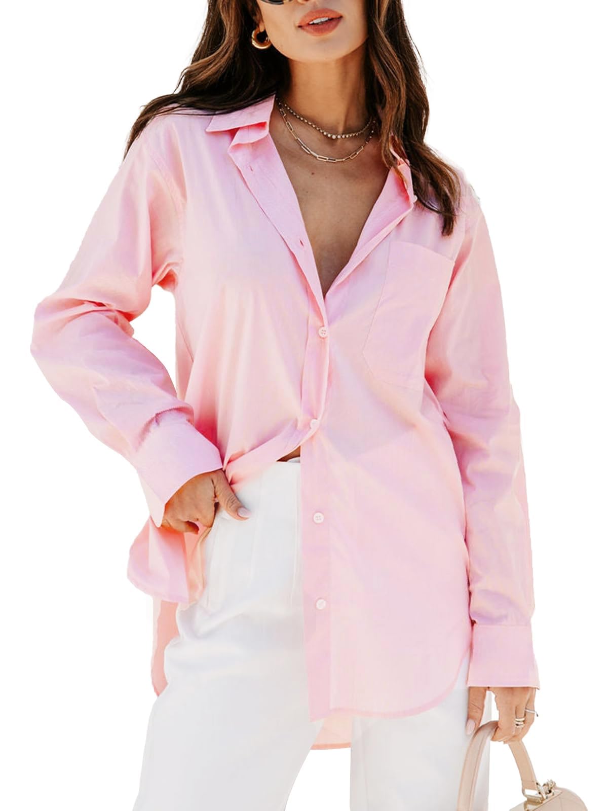 siliteelon Womens Button Down Shirts Dress Shirts Long Sleeve Blouses V Neck Solid Casual Tunics Tops with Pockets