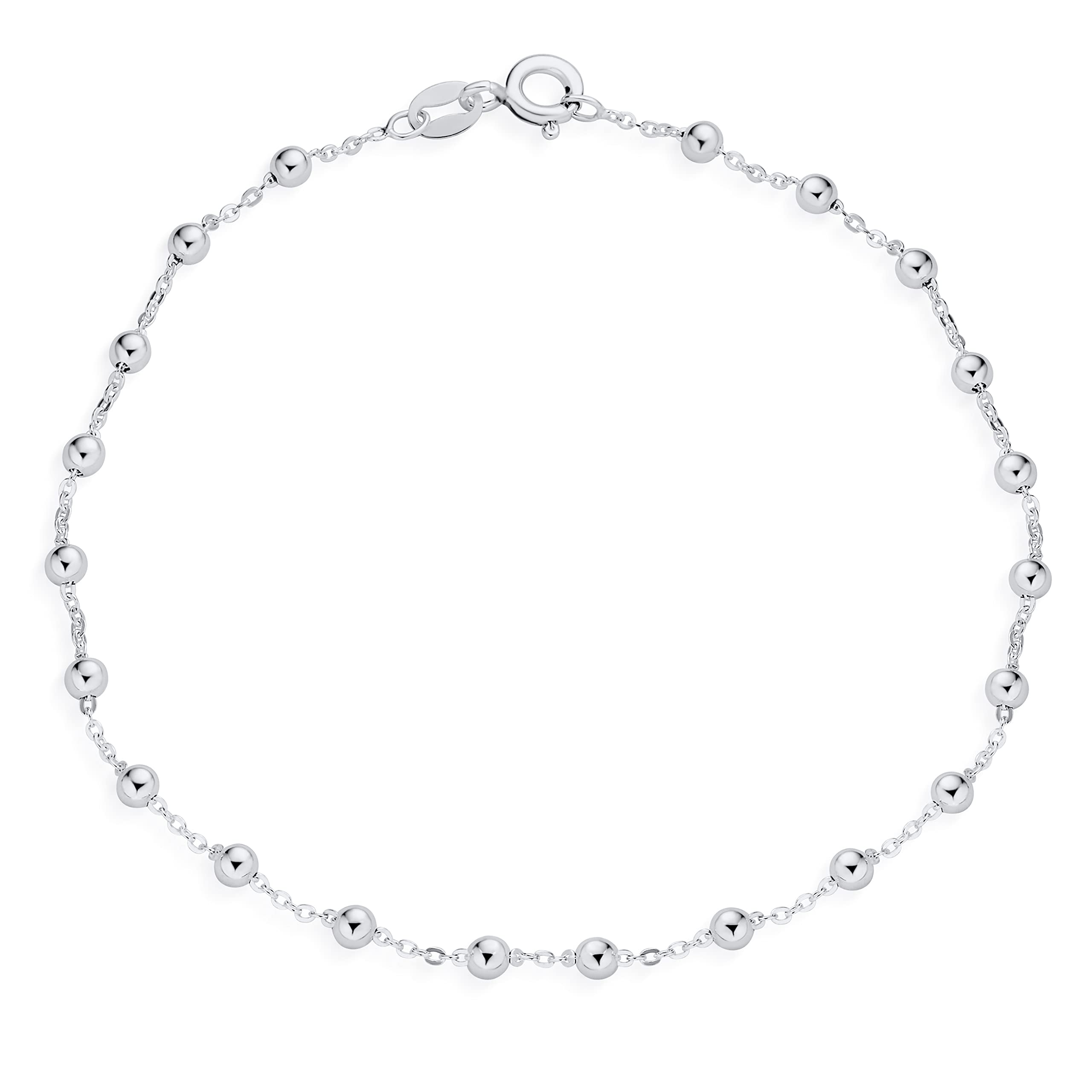 Delicato Resistente Semplice Braccialetto Alla Caviglia Con Catena A Palline E A Perline Multistrato Ovale E Rotonda Da 1,5-3MM Per Donne In Argento Sterling .925 Regolabile Da 9-10 Pollici