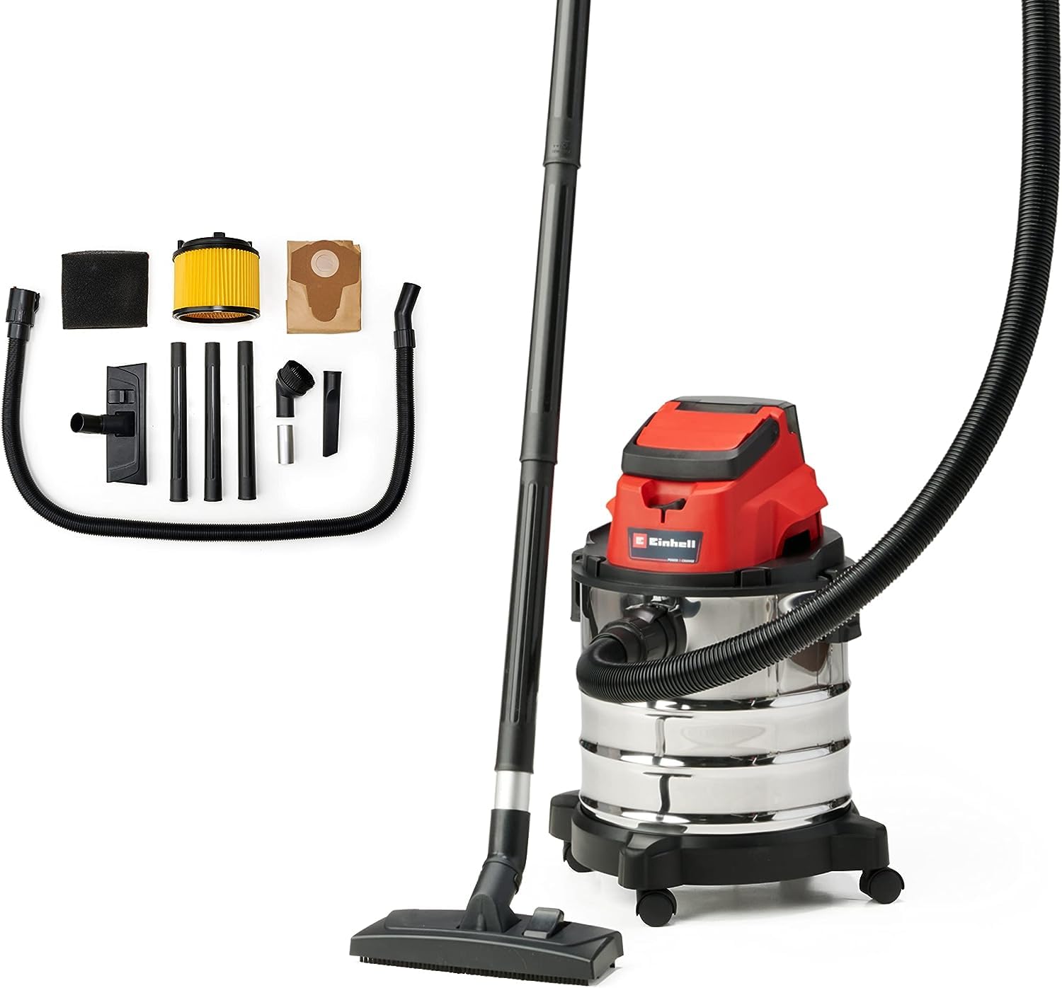Einhell Aspirador seco-húmedo (Iones de Litio, 86 Db Potencia Sonora, 8 kPa, 20 L, Recipiente de Acero ino x idable, 1,5 m de Manguera de aspiración, sin batería)