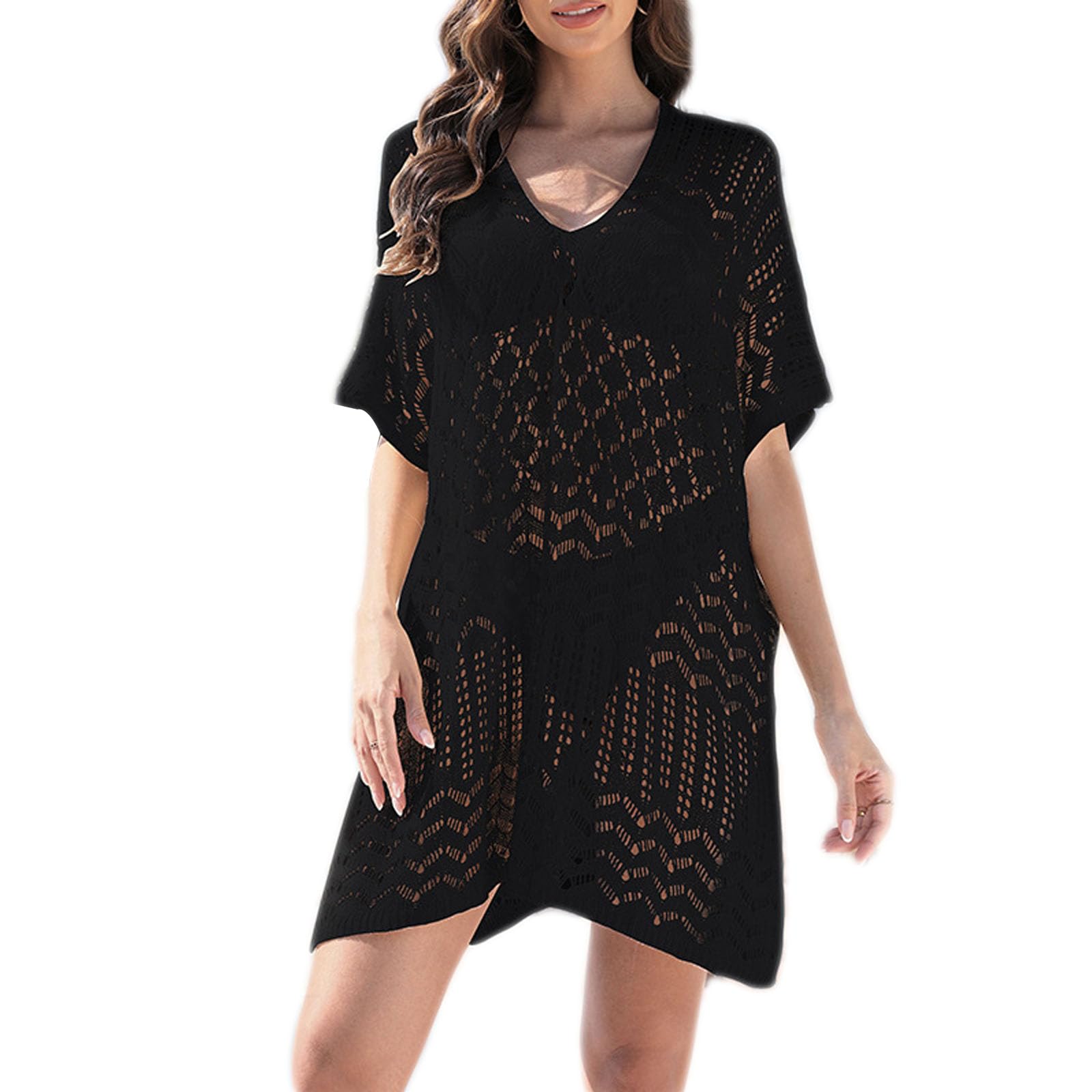 Baynetin Vestido de Playa, Mujer Verano Crochet Hollow out Swim Cover Up, Traje de Baño Punto Sexy V-Cuello Suelto Bikini Cover up Sheer Dress