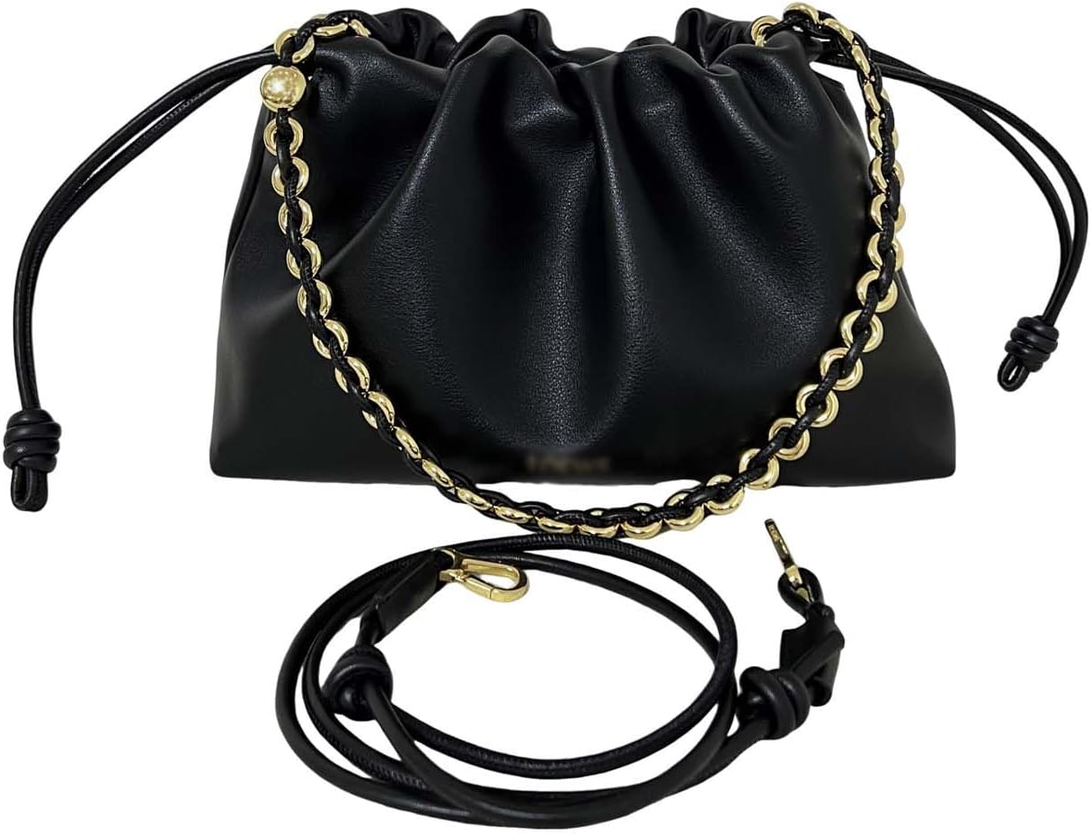 Leather Drawstring Bag for Women - Designer Shoulder Bag - Trendy Bucket Bags for Women - with Chain and Crossbody Strap(Black) - Image 5