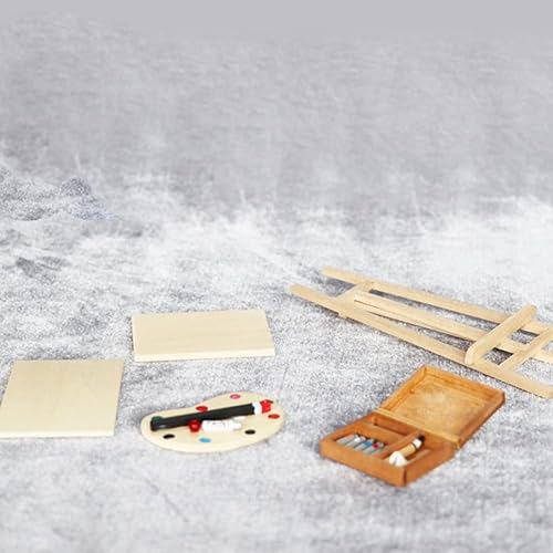 Miniatura 6 de jojofuny Kit de caballete de madera en miniatura para casa de muñecas 1:12, incluye caballete, lienzo, paleta de pintura y caja de pintura para