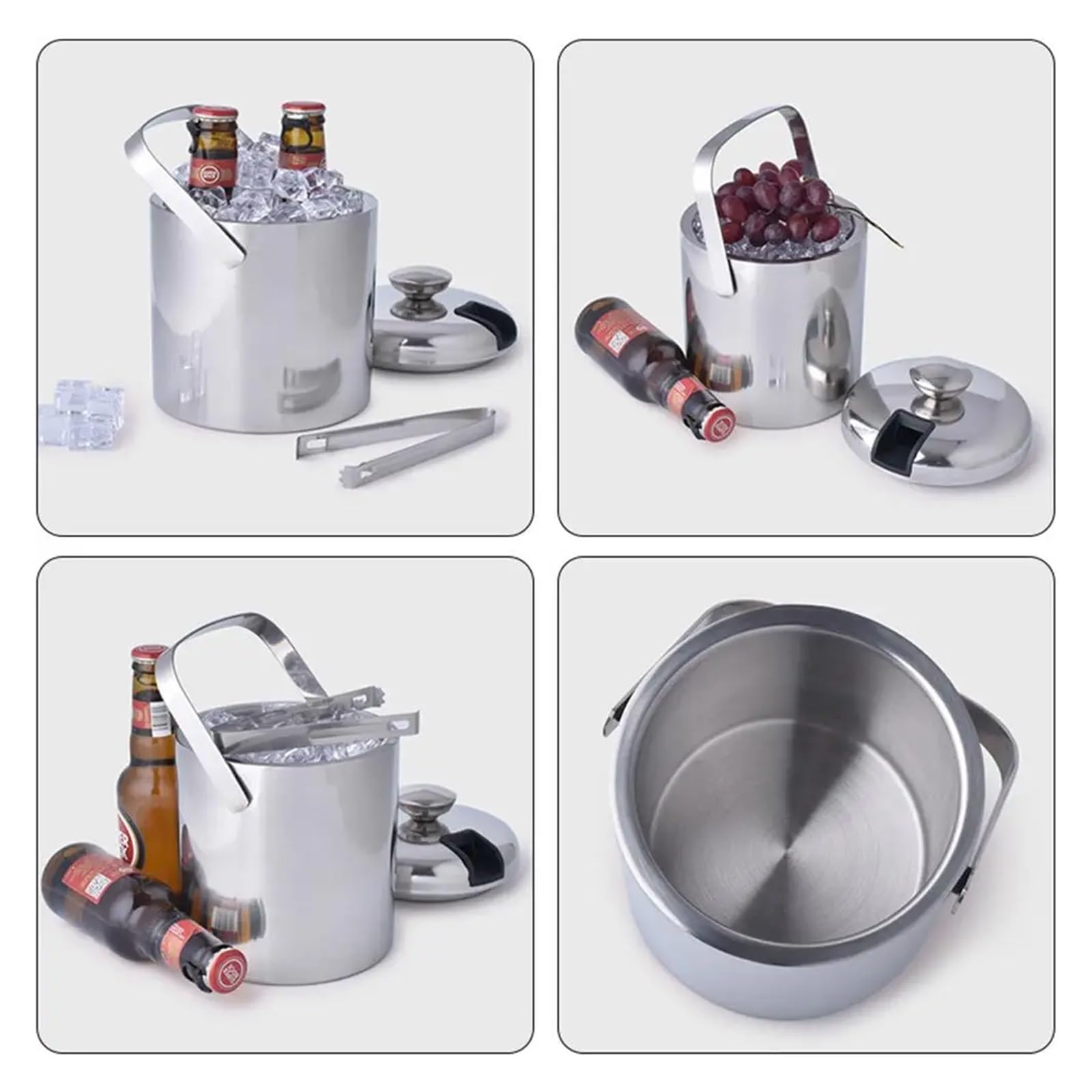 Cubo de Hielo de Acero Inoxidable de Doble Pared con Tapa, Pinzas y colador, Cubo Enfriador, Ideal for el hogar, Bar, Enfriar Cerveza, champán y Vino. para Bar, Cumpleaños, Fiestas