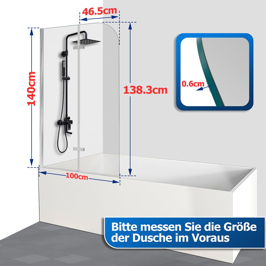 Accesorio para bañera de 100 x 140 cm, 2 piezas, plegable, mampara de ducha para bañera de cristal templado de 6 mm, nano-revestimiento, giratorio 180°, protección contra salpicaduras, color
