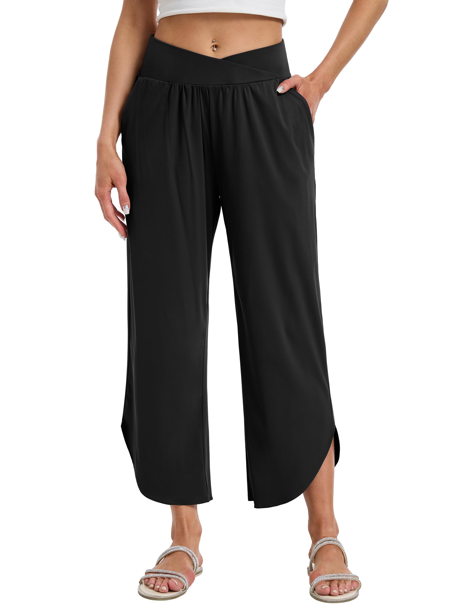 Desol Sommerhose Damen Leicht Caprihose Damen Sommer 3/4 Culotte Stoffhose Sommer Jogginghose mit Taschen High Waist Damenhose Weites Bein