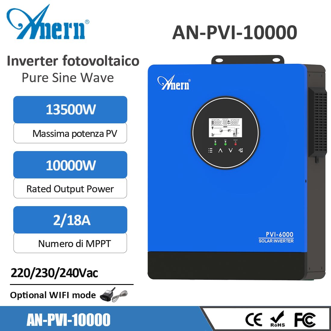 Anern 10000W Inverter solare ibrido 220V/230V CA Inverter fotovoltaico con 2 ingressi MPPT, PV max. 13500W, supporto Wi-Fi, per pompa dell'acqua、Generatore、Pannelli solari，Funziona Senza Batteria