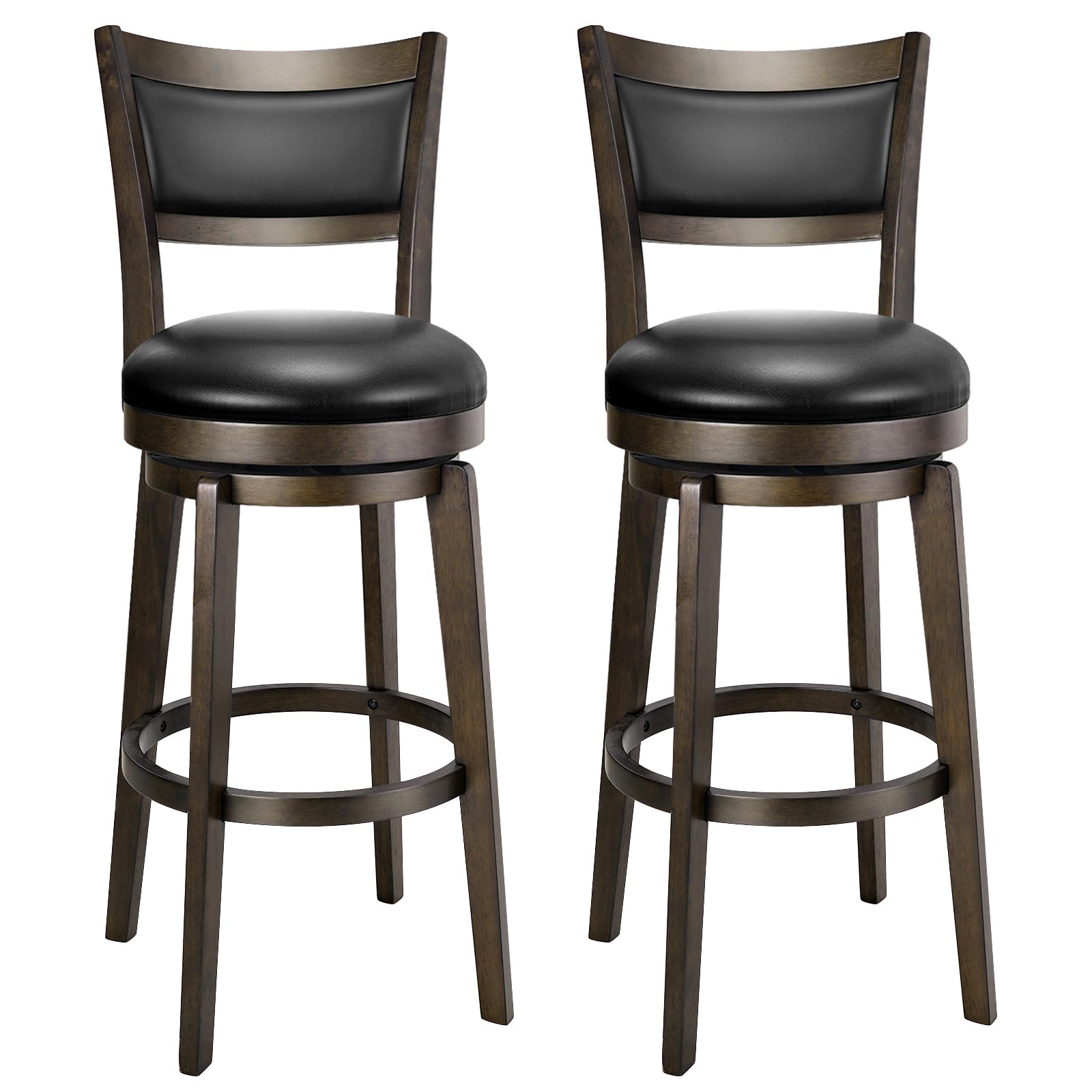 PrimeZone Swivel Bar Stools Set of 2, 30 Inch Bar Height Barstools, Black Faux Leather Bar Stool with High Backrest & Solid Wood Legs & Wrap-Around Footrest, Counter Stools for Kitchen Island, Pub