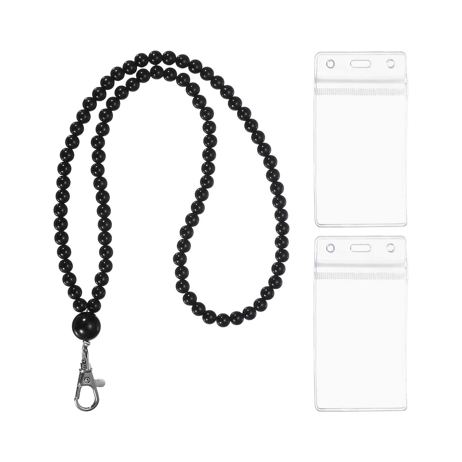 PATIKIL Pearl Lanyards for ID Badges, Cute Pearl Keychain Necklace Lanyard with 2 Vertical Badge Holders for Women Teacher Gift Keys Chain Cards, Black