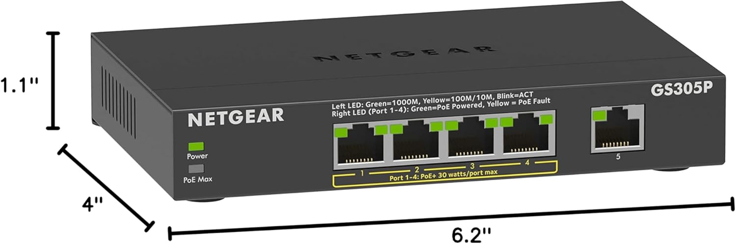 NETGEAR 5-Port Gigabit Ethernet Unmanaged PoE Switch (GS305P v2) - with 4 x PoE+ @ 63W, Desktop or Wall Mount