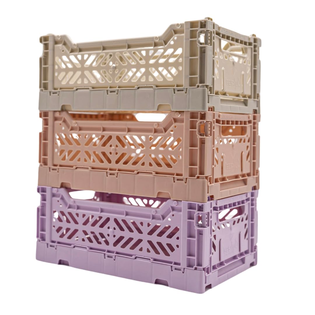 AYKASA Collapsible Storage Bins, Plastic Crate for Storage, Collapsible Crate, Utility Stackable Box (Milk Tea - Light Grey - Orchid, 3 Pack - Small 4L)
