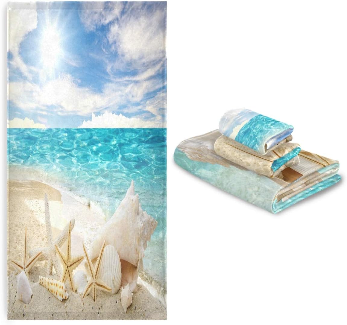 Naanle Beautiful Summer Caribbean Beach Starfish Shells Soft Luxury Decorative 3 Pieces Towels Set, 1 Bath Towel+1 Hand Towel+1 Washcloth, Multipurpose for Bathroom, Hotel, Gym, Spa and Beach