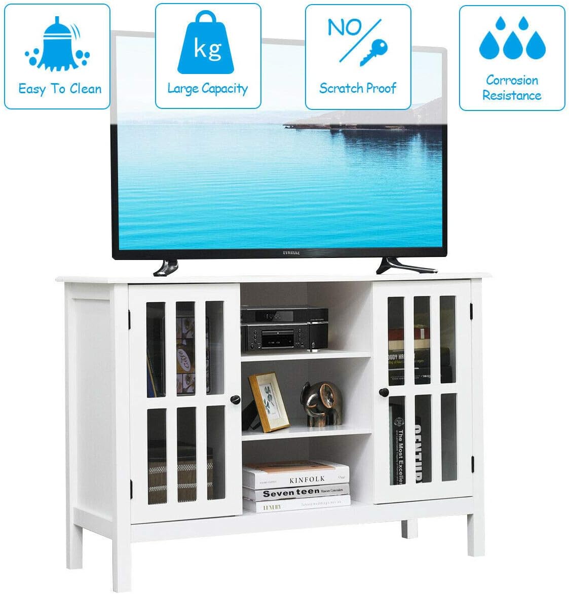 DORTALA Modern TV Stand up to 50 Inch TV, Tall TV Console Table w/ 2 Storage Cabinets & 3 Open Shelves, Wire Hole, Wood Entertainment Center for Living Room, White