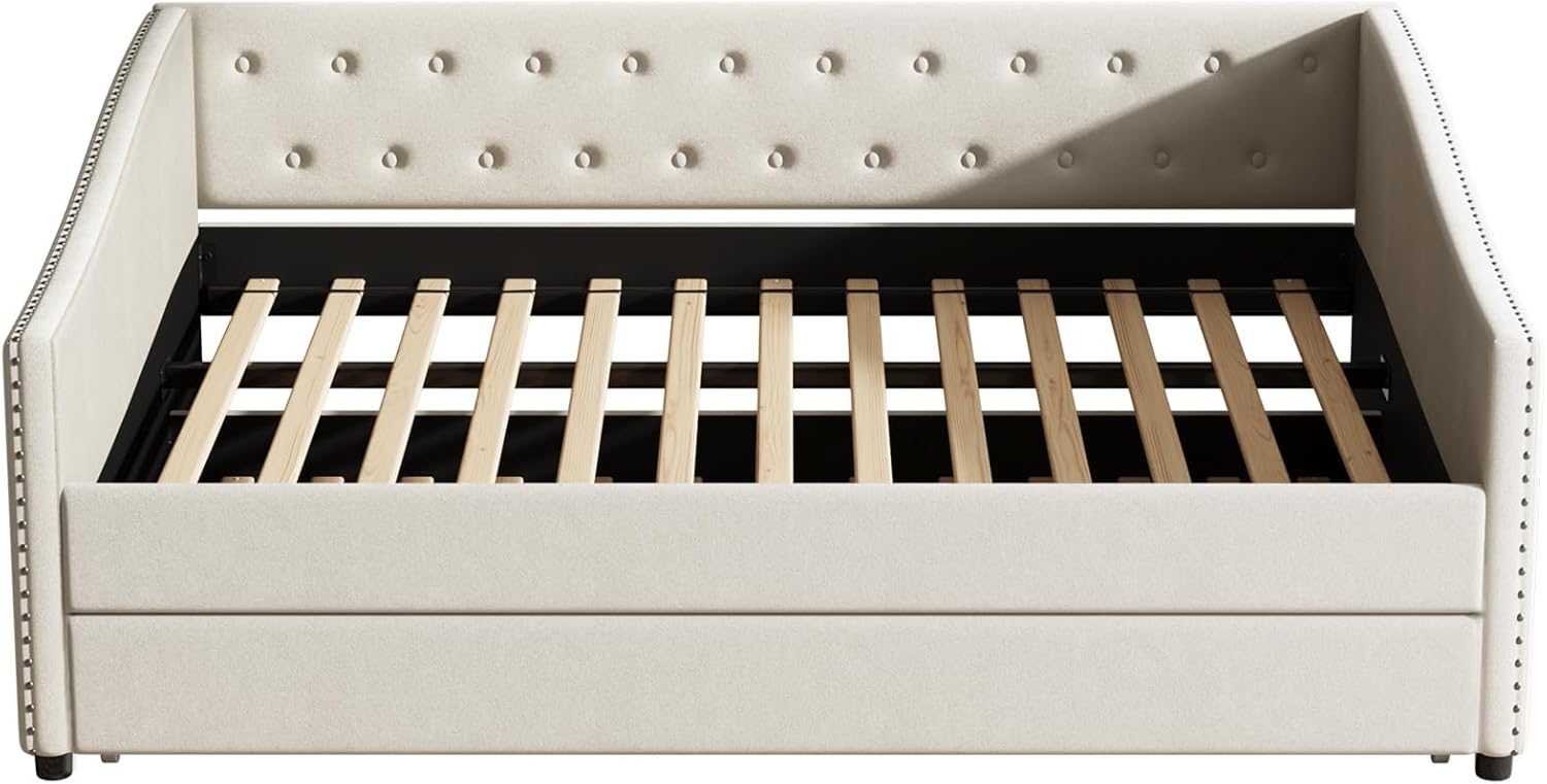 Full Size Upholstered Daybed with Twin Trundle Sofa Bed with Nailhead Trim Waved Arms, Beige Convertible Sleeper for Living Room, Guest Room