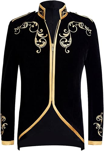 Mens Stylish Prince Velvet Blazer Slim Fit Gold Embroidery Jacket Suit Court Uniform Costume Tux Dress Suits