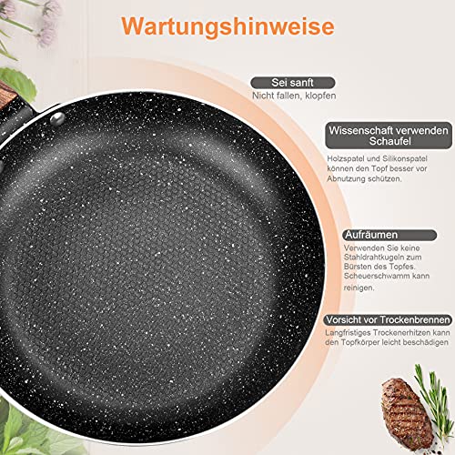 Foto von BIWHALE Bratpfanne 24 cm mit ein Silikon Spatel, Pfanne Induktionsgeeignet, Langlebige Antihaft-Beschichtung mit echten Steinpartikeln, Thermo-Signal-Technologie, Aluguss (Schwarz, 24CM)
