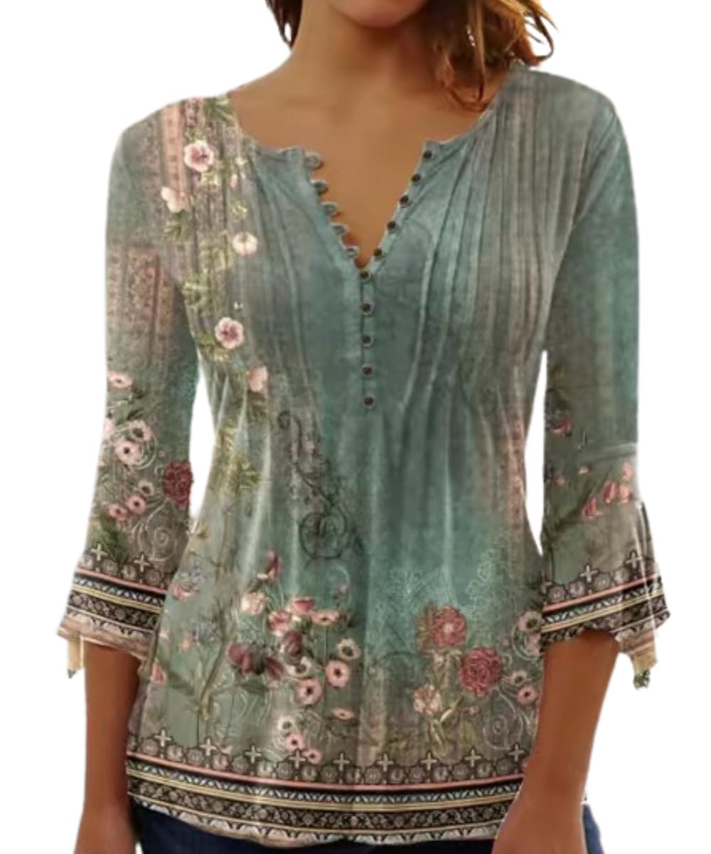 Yeenily Camiseta Mujer Manga 3/4 Top Túnica Larga Cuello V Elegante Suelta Sólidos Estampadas Casual T-Shirt con Botones