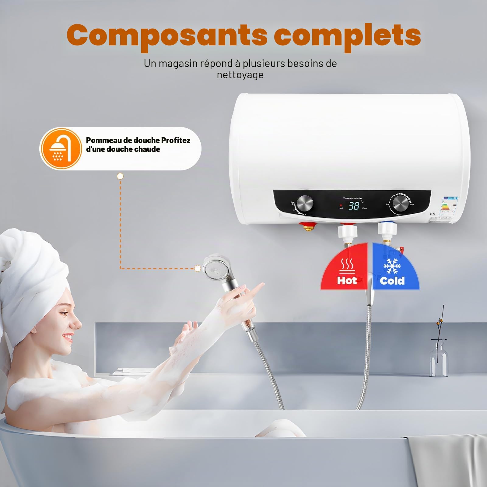 Chauffe-eau électrique - 50 l - Puissance de chauffage : 2000 W - Protection contre les fuites - Suspendu horizontal - 25 à 75 °C - Classe énergétique B