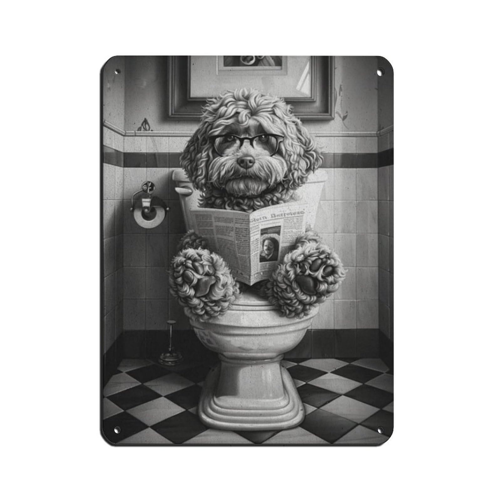 Cockapoo on The Toilet And Reading Newspaper Retro Poster Metal Tin Sign Chic Art Retro Iron Painting Bar People Cave Cafe Family Garage Poster Wall Decoration 12x16inch(30x40cm)