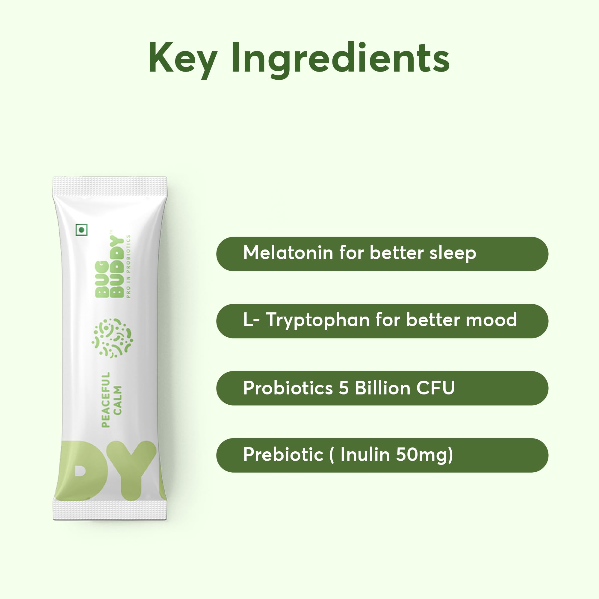 Bug Buddy - Peaceful Calm | Non-Habit Forming | Sleep Supplement with Magnesium, Melatonin and Probiotic | For Restful Sleep, Stress Relief & Gut Health | 15 Days Pack 1
