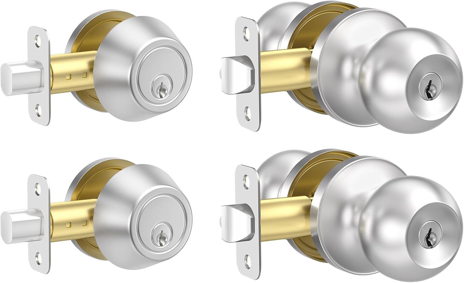 Estmoon 2 Pack Exterior Door Lock Set with Deadbolt Lock, Keyed Alike Satin Nickel Entry Door Knobs and Single Cylinder Deadbolt Set for Front Door