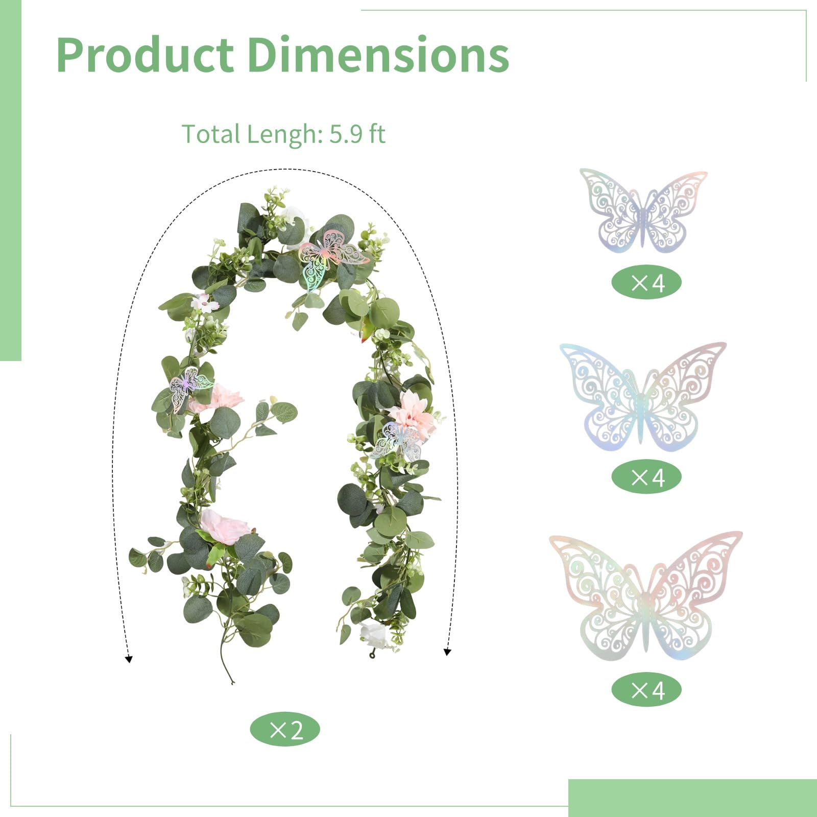 2 STK. Rosa Kunstblumen-Girlande, 1,8 m Rosenranken aus Seidenstoff mit Schmetterlingen, Elegante Deko für Hochzeit, Zuhause, Party und DIY Blumenarrangement