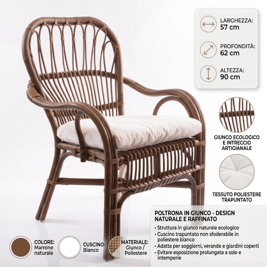 DiKasa Poltrona in Giunco con Cuscino Trapuntato Bianco, Poltrona Rustica Marrone per Interni e Verande Coperte, Seduta Leggera e Resistente, Design Naturale ed Elegante, 57x62x90 cm