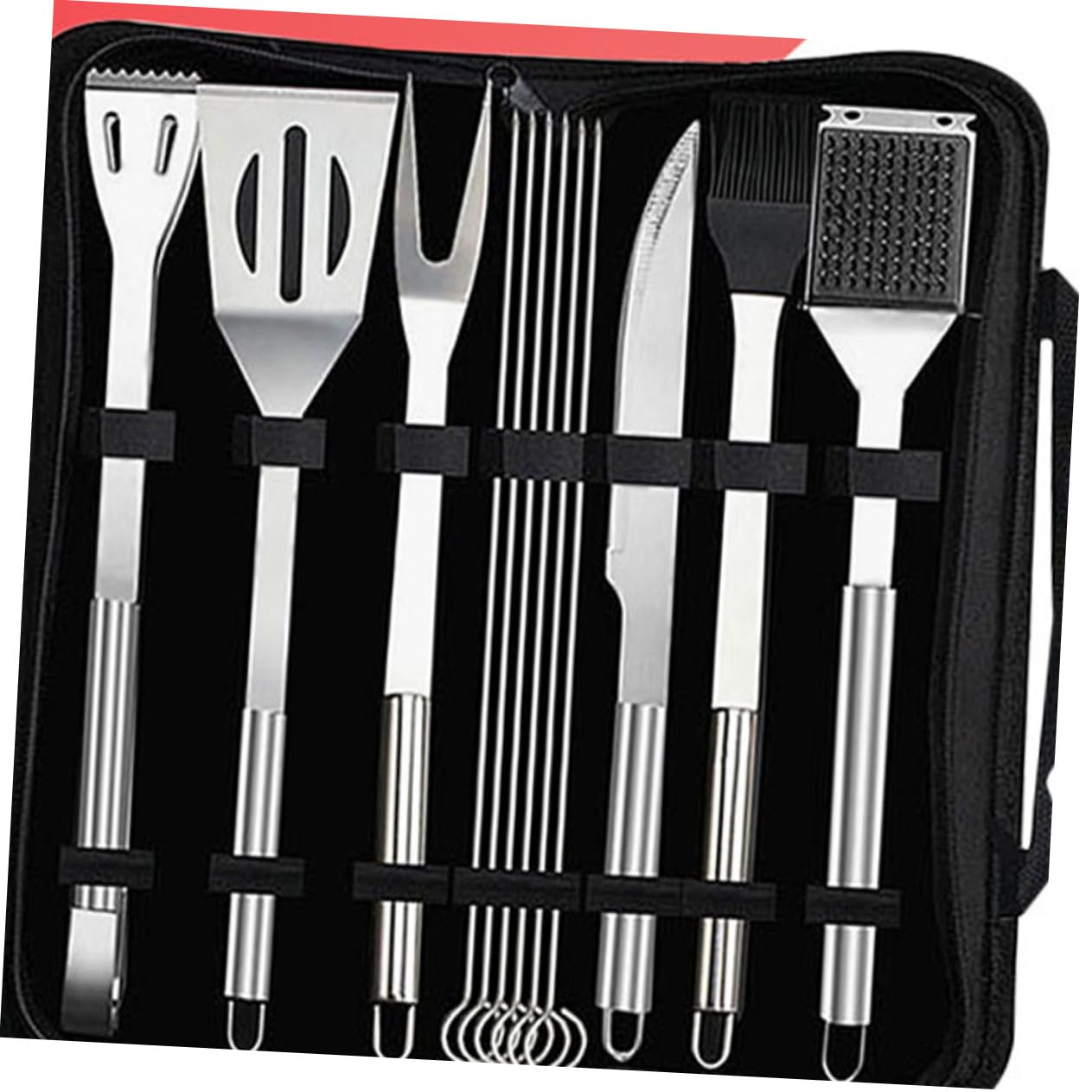Mobestech 12 Stück Teiliges Edelstahl Bbq Grillbesteck Set mit Tasche Grillspatel Zange Messer Gabel Bürste und Grillzange Praktisches Grillzubehör für Camping Picknick und Outdoor