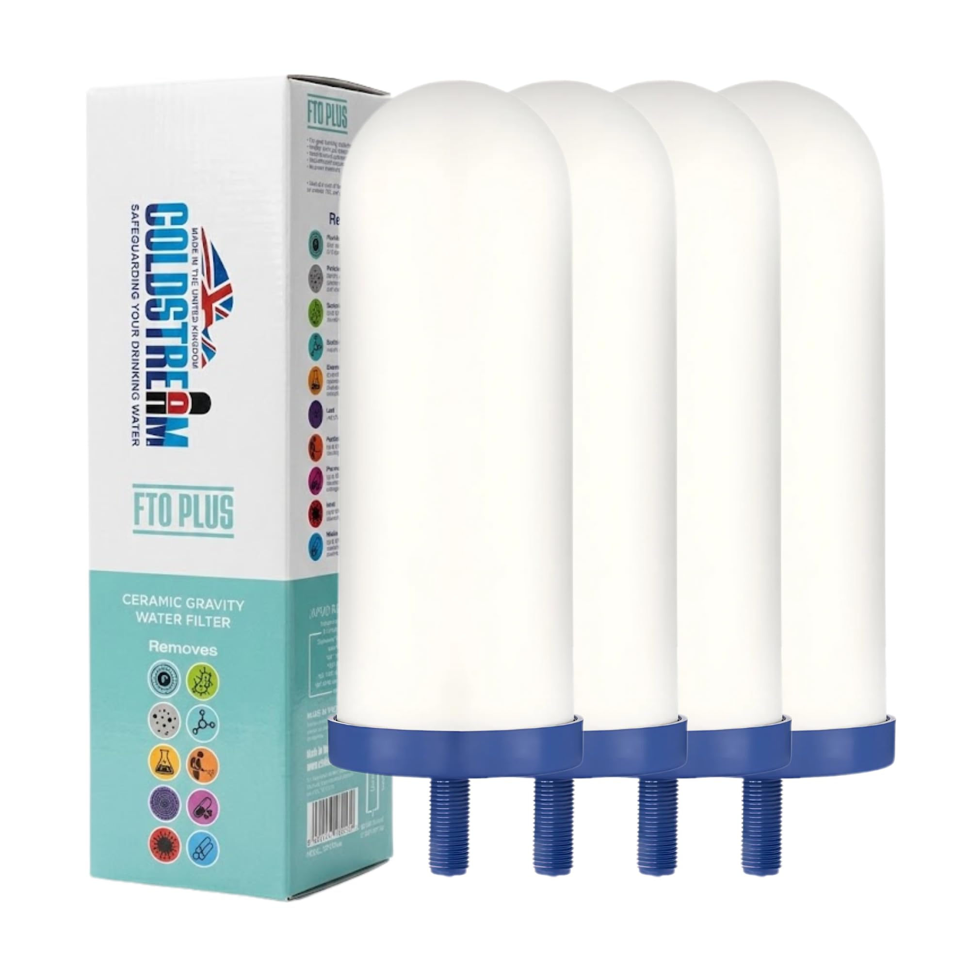 Coldstream FTO Plus Water Filter Cartridge (4 Pack) - Dependable for Easy Installation as a Berkey Replacement - Ceramic Gravity Filter For Stainless Steel Systems