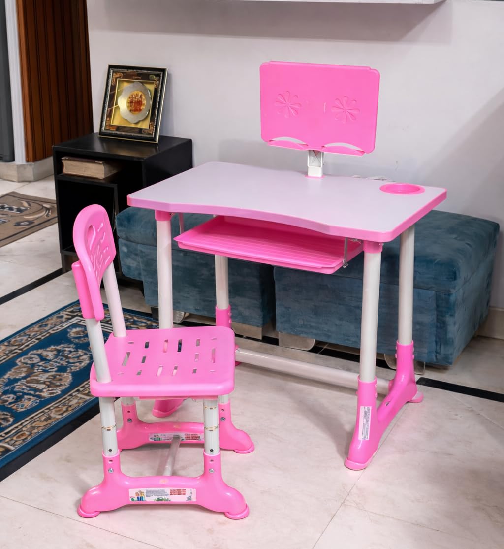 Toby Premium Kids Study Table Chair Set | Height Adjustable Wooden Baby Desk for Kid's | Multifunctional Kids Desk Age Between 2-11 | Printed Children's Writing Study Table Chair Set (Pink)-image-30