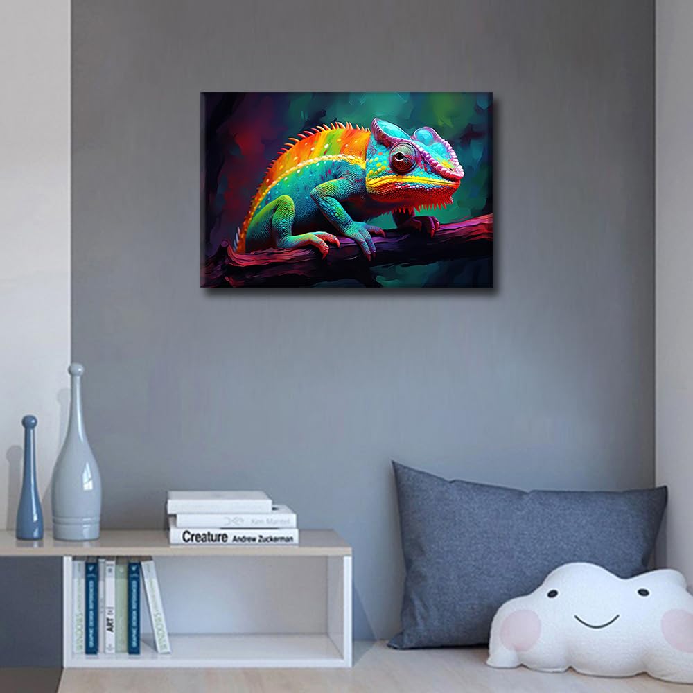 Cameleon Wall Art Animal Oil Painting with Color Splash Canvas Painting Framed for Living Room Bedroom Office Bathroom Home Decor Ready to Hang 24x16 inch - Image 2