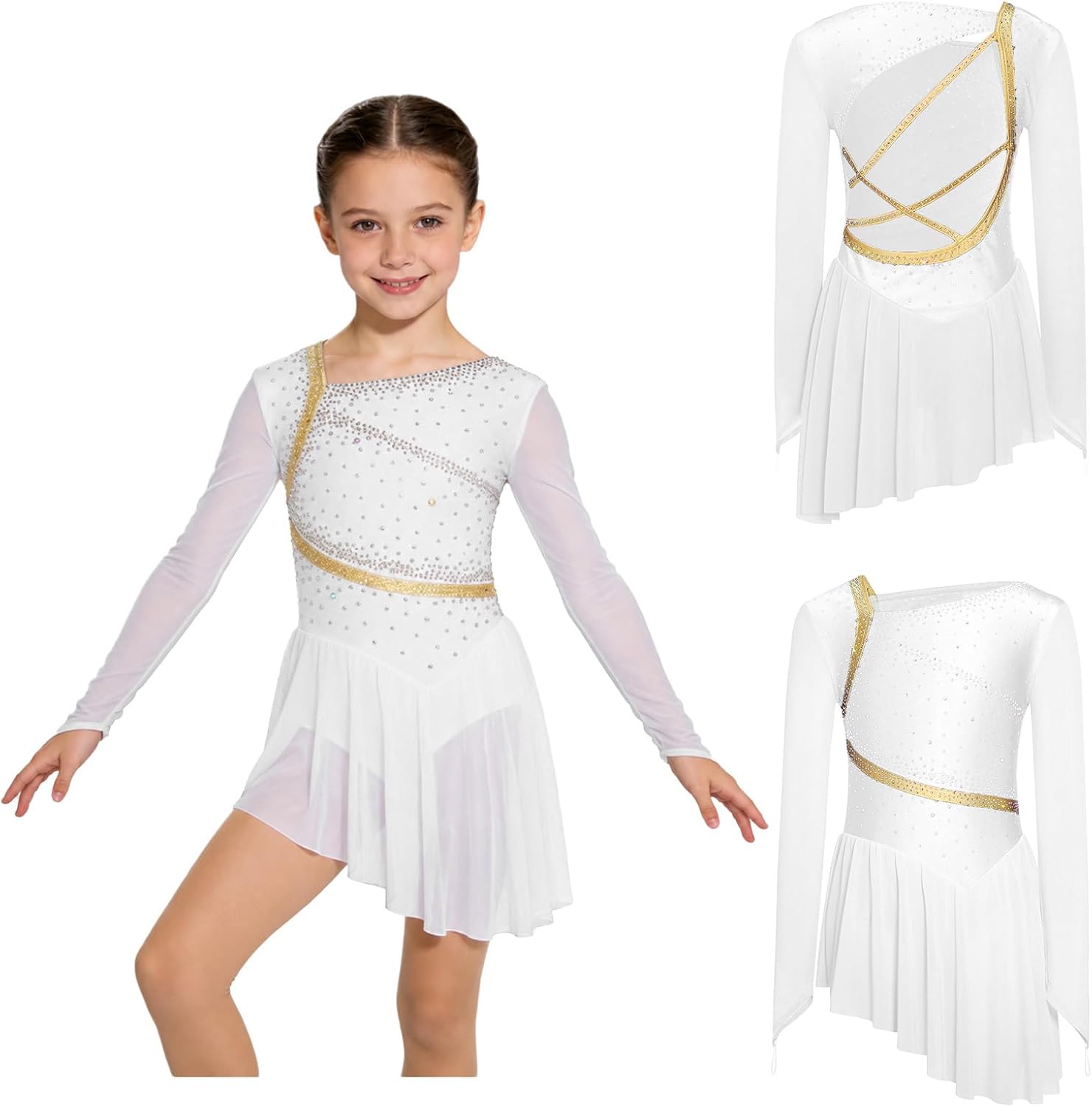 TiaoBug Kids Girls Rhinestone Long Sleeve Ballet Dance Dress Figure Ice Skating Leotard Dress Jazz Lyrical Dancewear