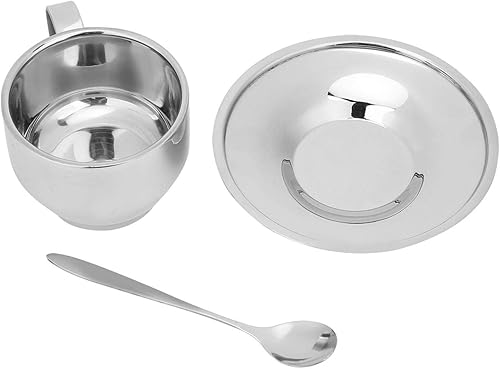 Miniatura 6 de Taza de café de acero inoxidable, taza de café aislada de doble pared con cuchara y platillo, 4 onzas, pulido espejo, para café con leche,