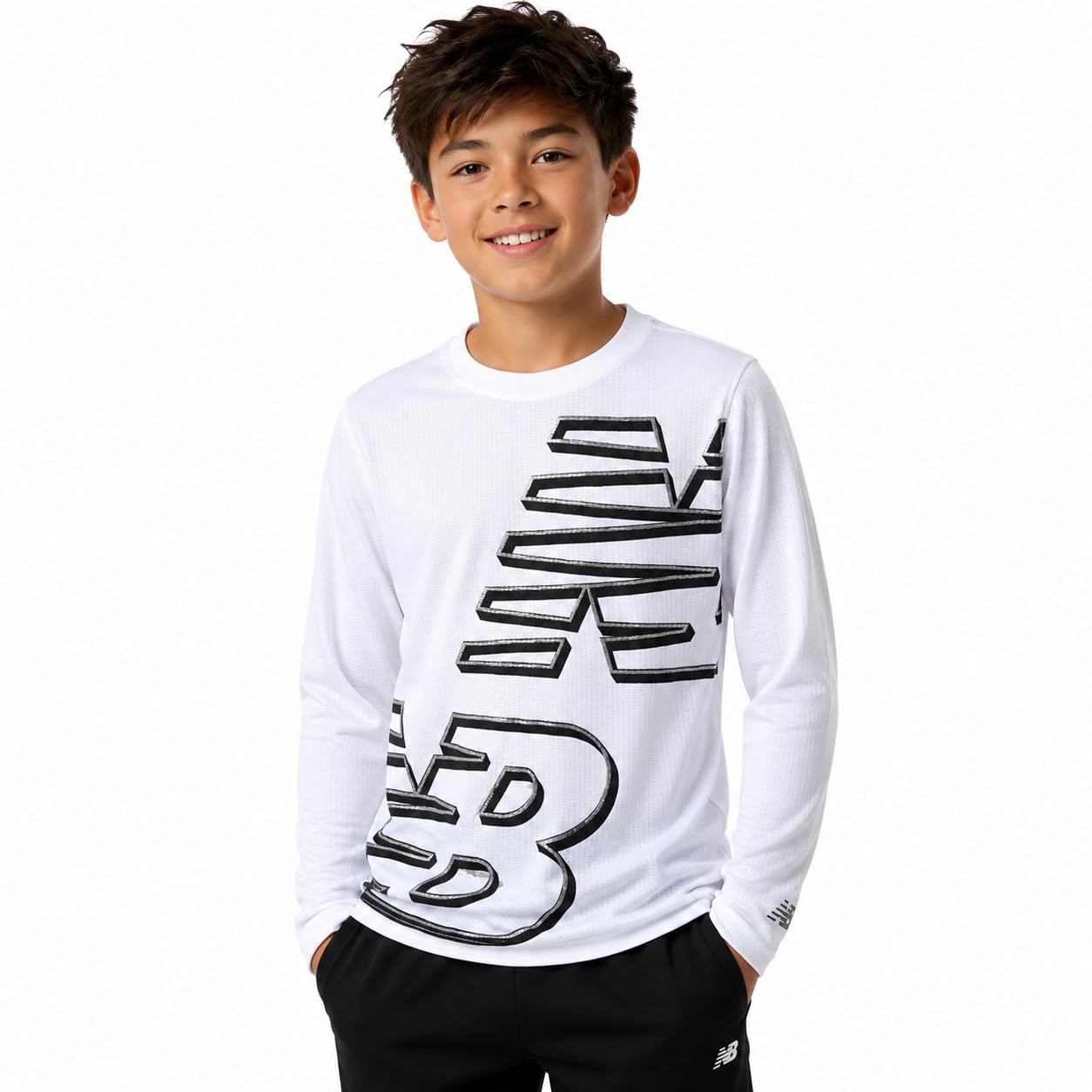 New Balance Boys' T-Shirt - Thermal Waffle Knit Long Sleeve Shirt (Size: 4-20), Size 10/12, White