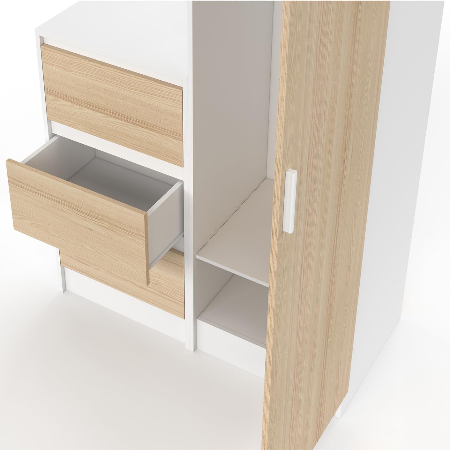 IDMarket 1-türiger Kleiderschrank Ambre mit Kommode 3 Schubladen 100 cm Buche Weiß