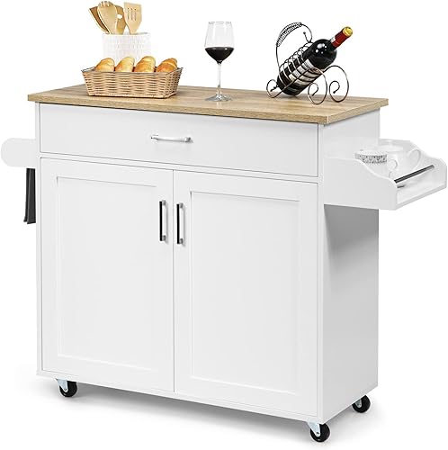 PETSITE Carrito de isla de cocina con armario de almacenamiento sobre ruedas toallero y cajón para especias